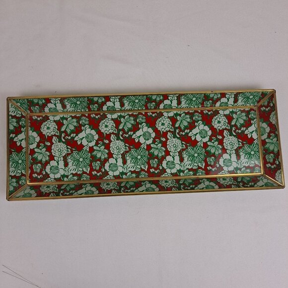 Rectangular Glass Vanity Tray Red Green White Floral Pattern & Gold Metal Trim - Picture 1 of 9